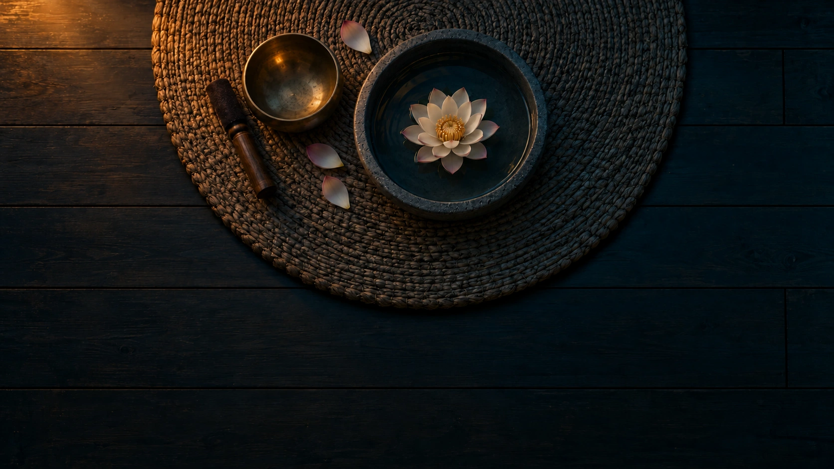 A lotus floating in a stone bowl on a woven mat beside a singing bowl