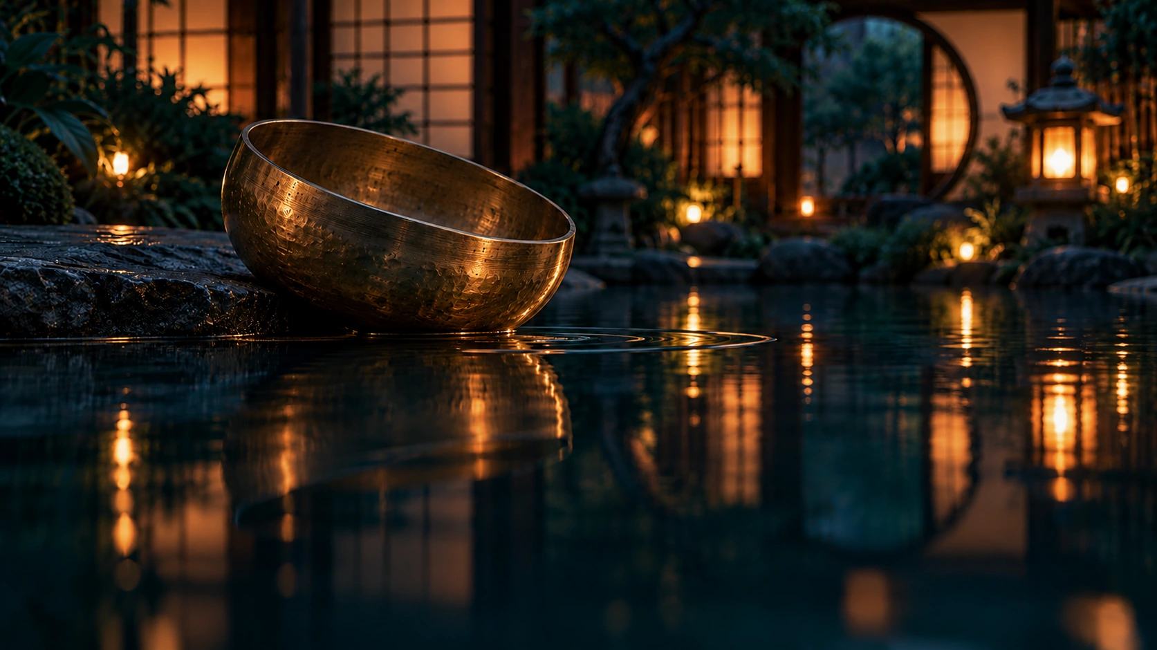 A brass singing bowl resting beside a quiet pond