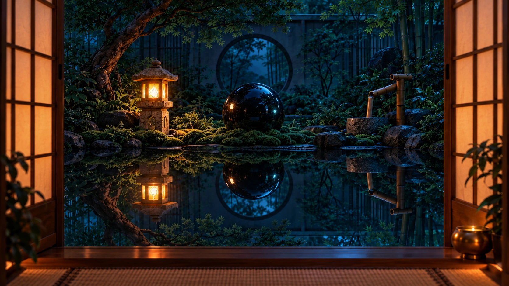 A mirrored sphere in a shoji-framed garden above still water