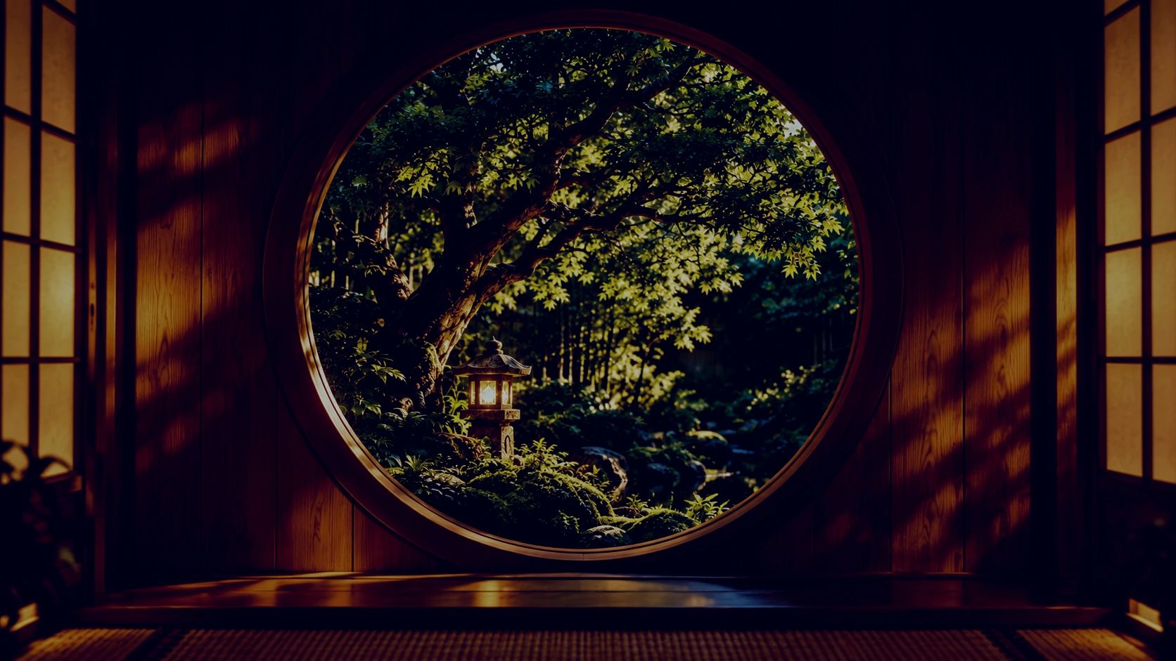 A round window opening onto a garden through the seasons
