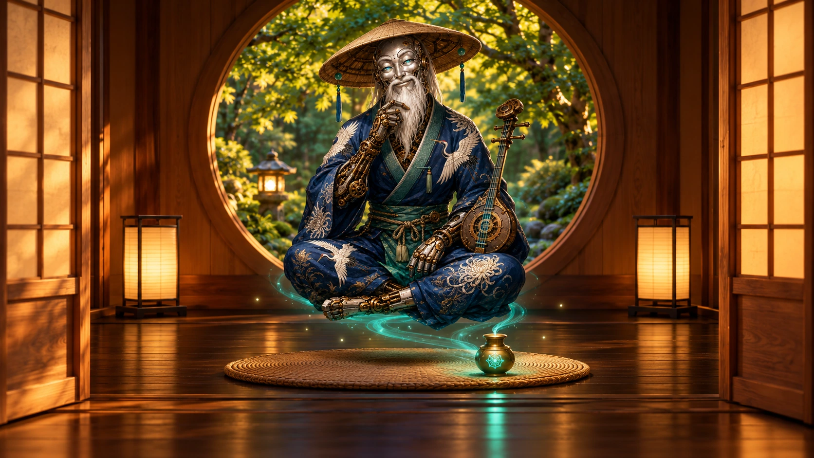 SensAI floating above his glowing vessel in the open Sanctuary